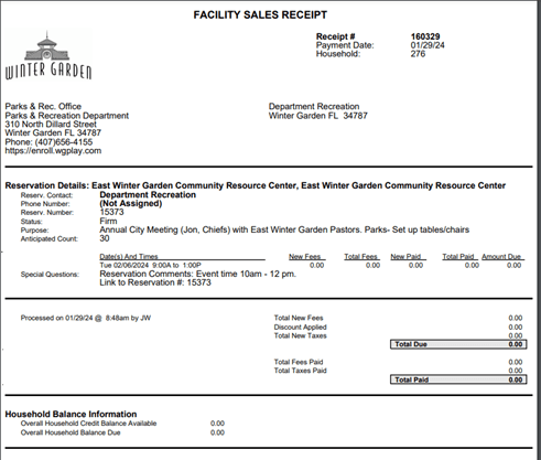 Facilities Sales Receipt