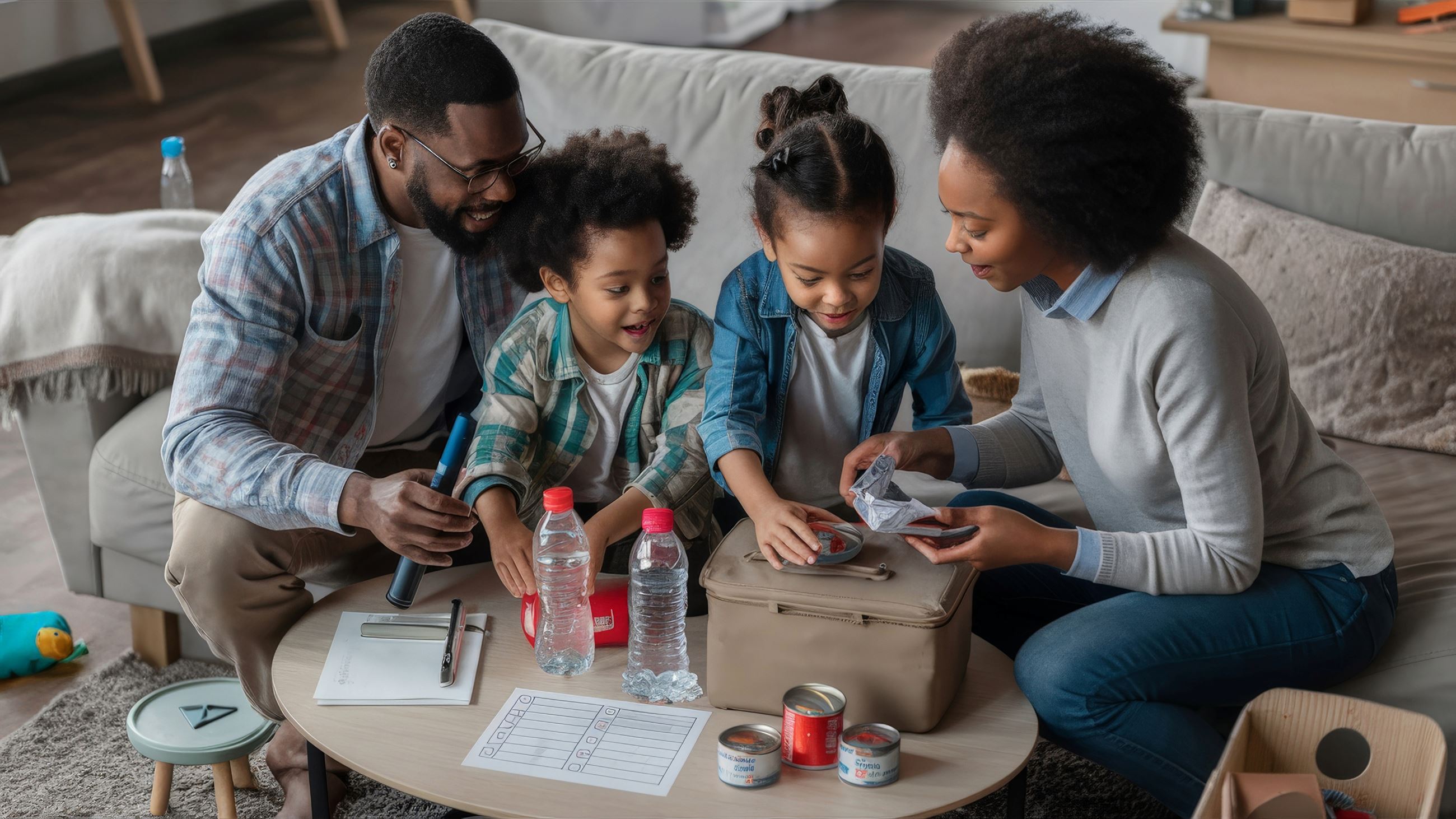 Photo of a family building an emergency preparedness kit.