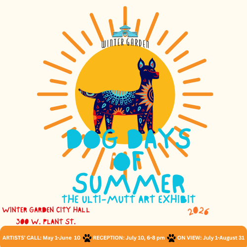 drawing of a dog standing with a stylized sun in the background